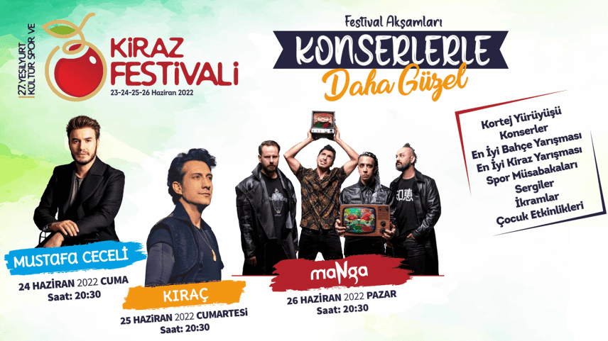 Bu yıl 27.si düzenlenecek olan 27. Yeşilyurt Kiraz Festivali 23-26 Haziran 2022 tarihlerinde düzenlenecek. Festivalde pek çok etkinlik ve konserler de var.