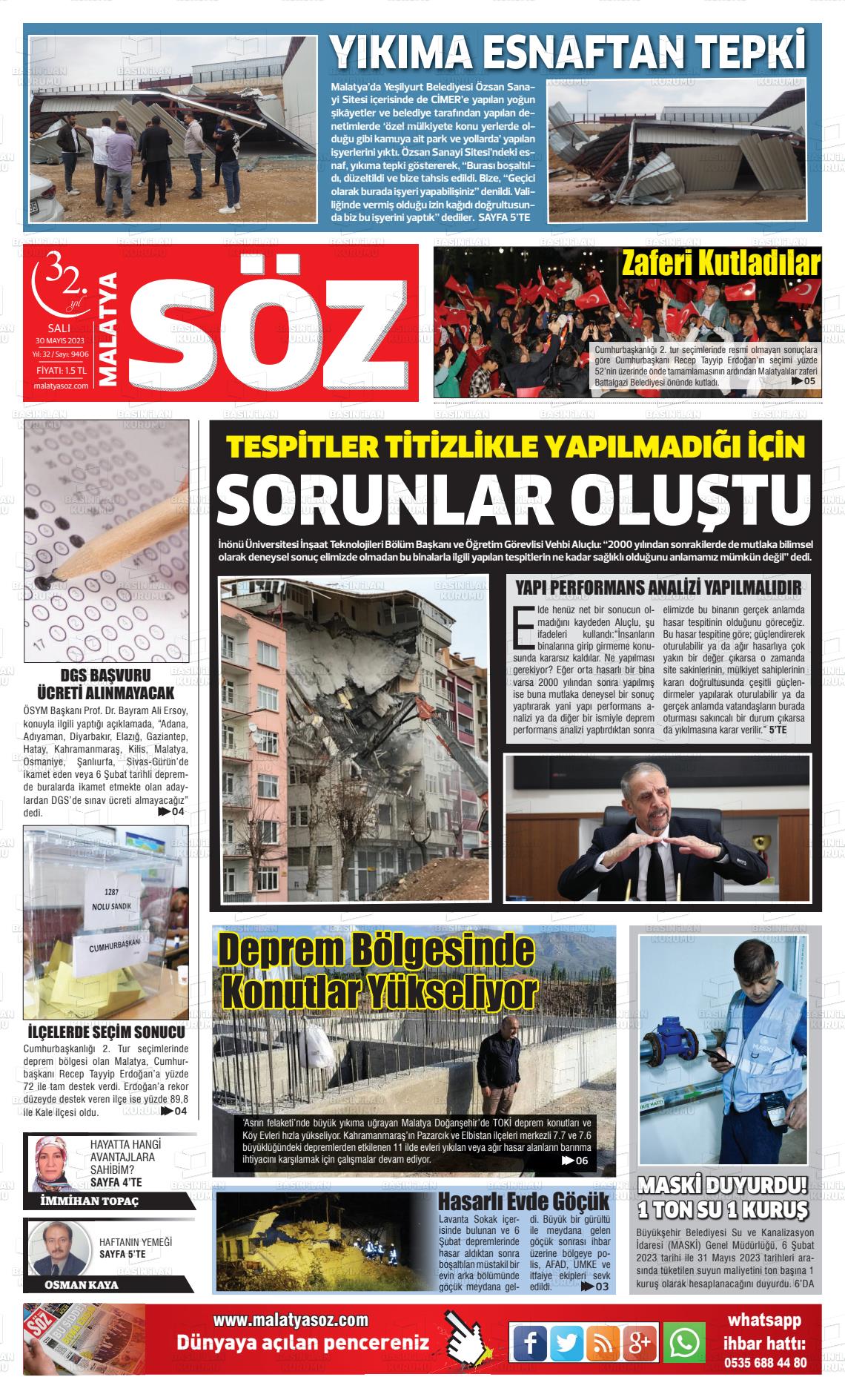 Malatya Söz gazetesi manşet ilk sayfa oku