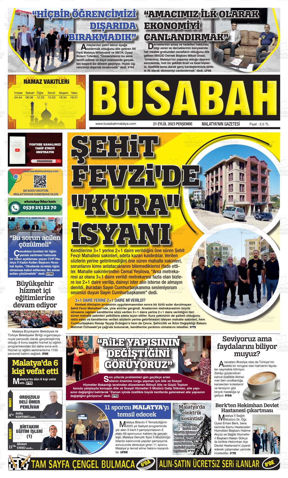 Malatya Bu Sabah gazetesi manşet ilk sayfa oku