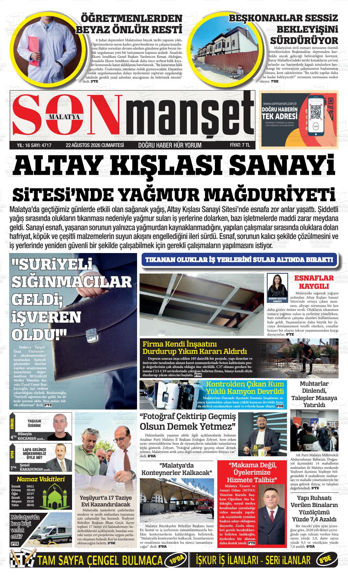 Malatya Son Manşet gazetesi oku